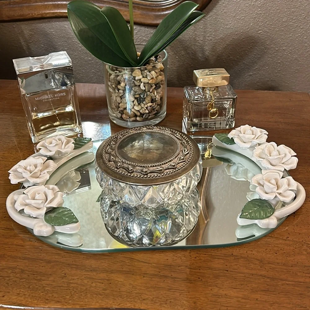 Vintage white floral mirrored tray
